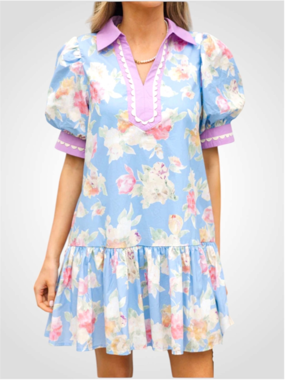 Women's Entro Floral Babydoll Mini Dress Size S Blue and Pink